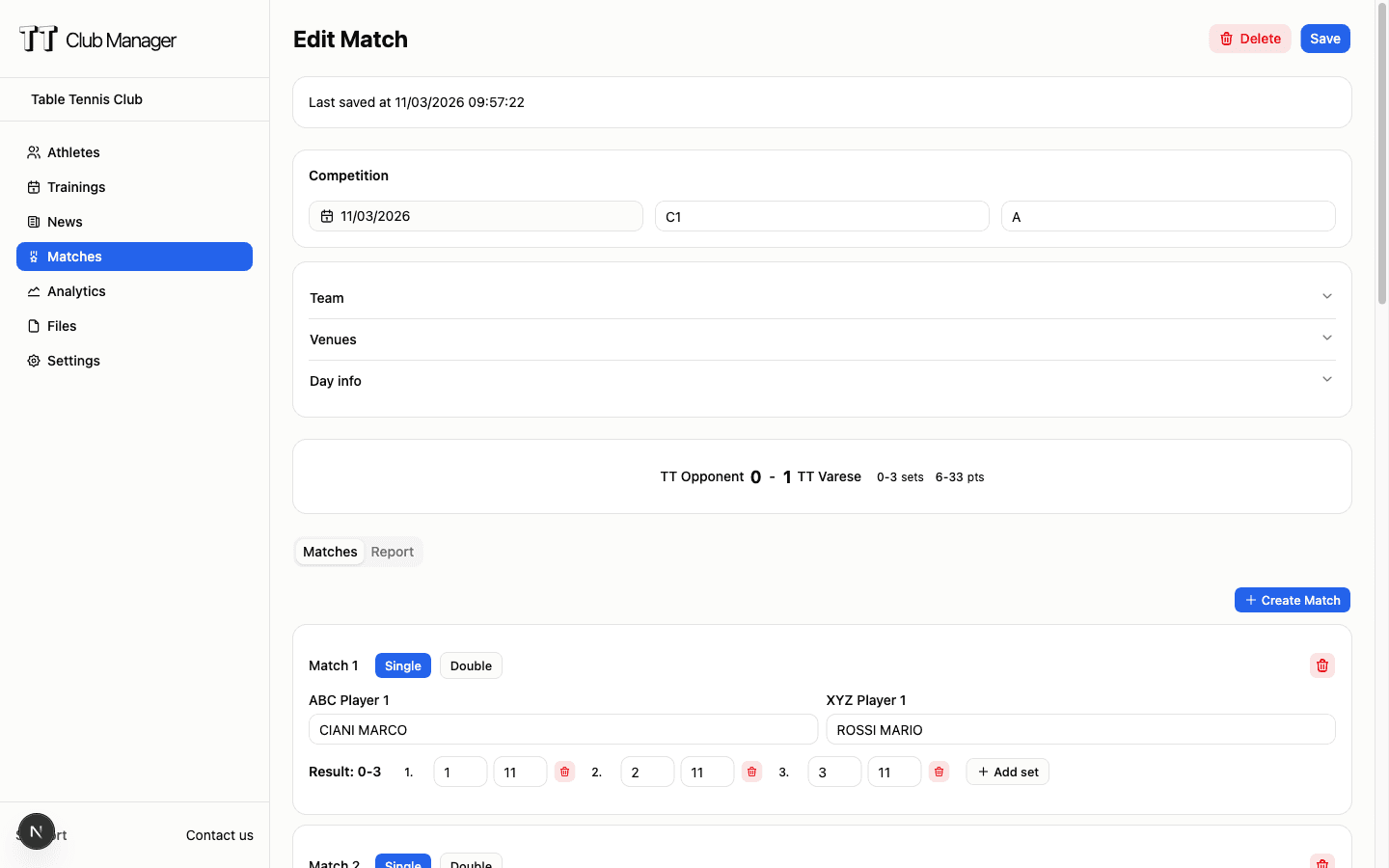 Match tracking interface showing league match details and individual match results