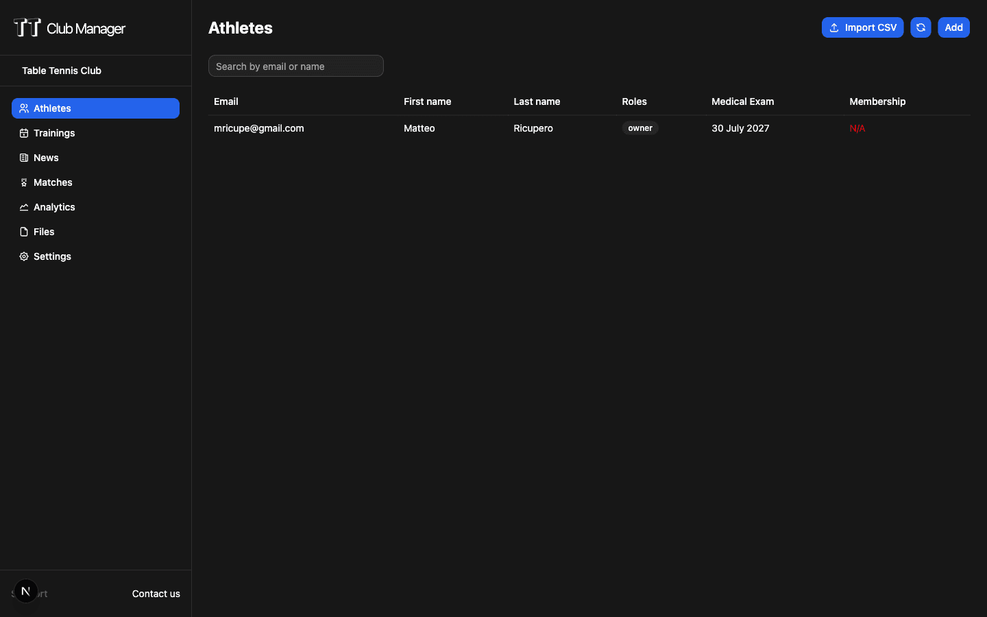 TT Club Manager member management interface