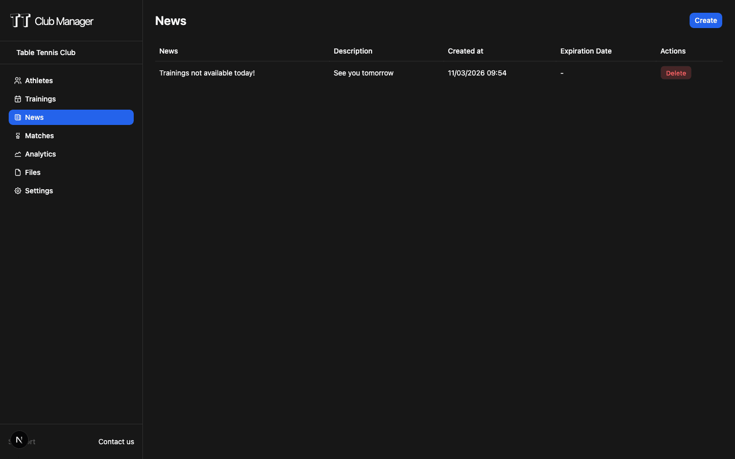 TT Club Manager news management interface